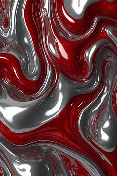Abstrakte fließende Dynamik in Silber und Rot von De Muurdecoratie