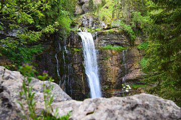 Waterval omringd door bergen en groen bos of woud van Studio LE-gals