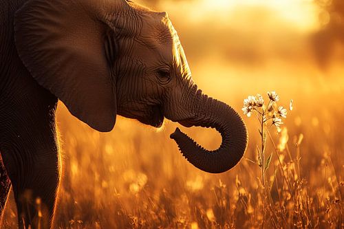 Elephant in the sunset with flower by Poster Art Shop