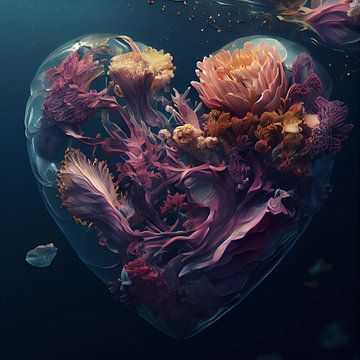 heart of water filled with coral and flowers by Anne Loos