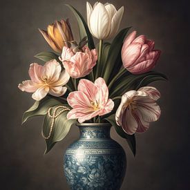 Tulipes de luxe ornées de perles et d'un colibri sur PixelMint.