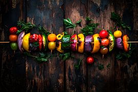 Brochettes de légumes sur planche de bois - Couleurs vives sur Poster Art Shop