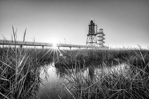 Vuurtoren Obereversand in zwart-wit