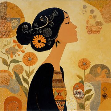 Vrouw met Gele Bloem | Abstract Vrouw en Bloemen van Kunst Kriebels