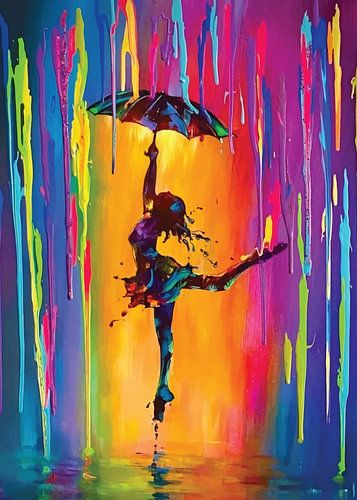 femme dansant avec un parapluie sous la pluie peinture