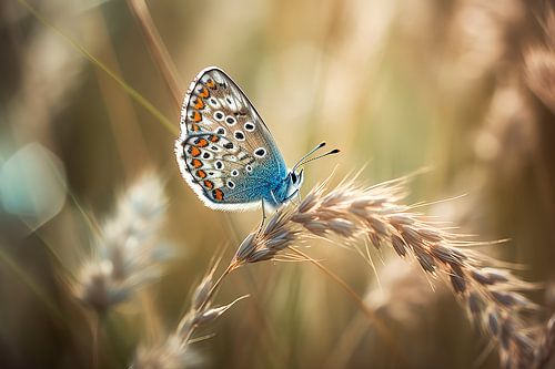 Blauwe Vlinder in Goudgeel Veld - Poëtische Kunst