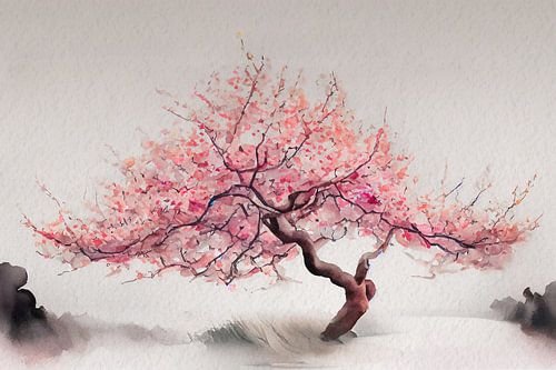 Japandi art. Uitbundig bloeiende Sakura (kersenbloesem)