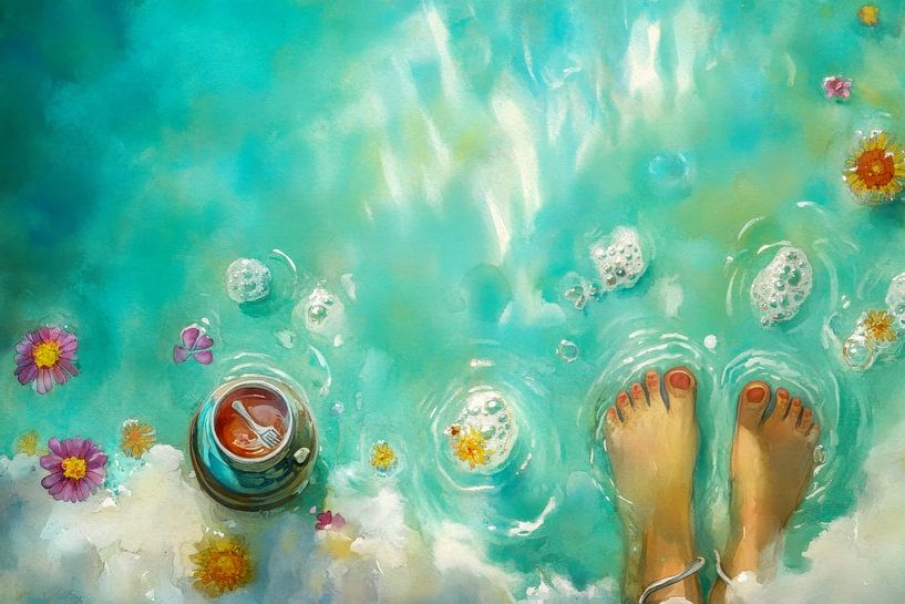 Painting of a pair of feet in the water, Turquoise, bohemian by Peter Pen Drawings and Paintings