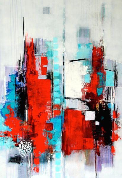 Abstract composition in red and turquoise by Claudia Neubauer