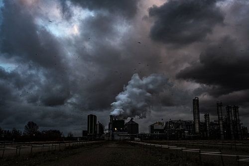 Fabriek in de Botlek met dreigende avondlucht
