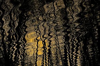 Weerspiegeling van zonlicht en bomen in golvend water