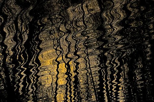 Weerspiegeling van zonlicht en bomen in golvend water