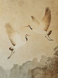 Dance of Two Cranes in Dunhuang Mural Style by Dream Designs art work