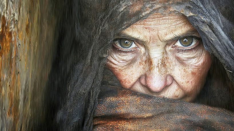 Oudere vrouw met hoofddoek en blauwe ogen van Frank Heinz