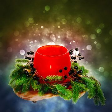 Christmas decoration with a burning candle by ManfredFotos