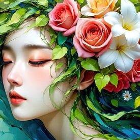 Portrait of a young woman - Between blossom and stillness in dialogue with nature, captured in a play of colours of inner peace and blossoming vitality by AidasignArt