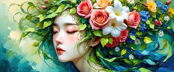 Portrait d'une jeune femme - Entre floraison et silence, en dialogue avec la nature, capturé dans un jeu de couleurs entre calme intérieur et vivacité épanouie