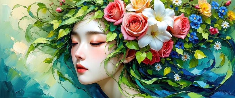 Portrait of a young woman - Between blossom and stillness in dialogue with nature, captured in a play of colours of inner peace and blossoming vitality by AidasignArt