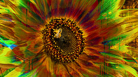 Farbenfrohe Sonnenblume mit vier Bienen – Explosive digitale Kunst