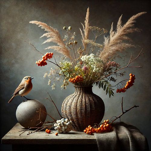 Sober stilleven met rieten vaas, vogel en bessen – klassiek kunstwerk