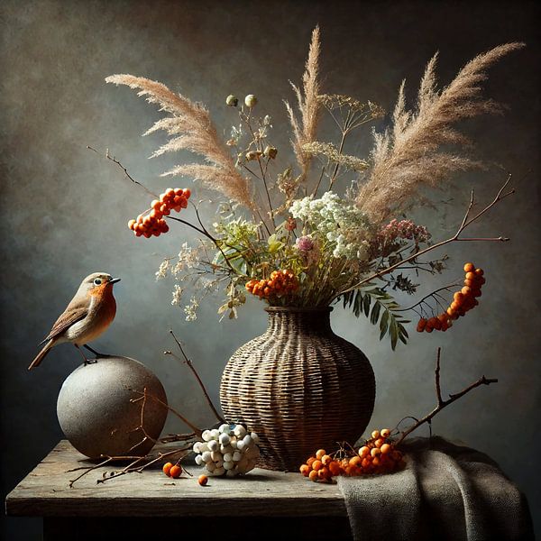 Nature morte sobre avec vase en osier, oiseau et baies - œuvre d'art classique par Kleurenrijk