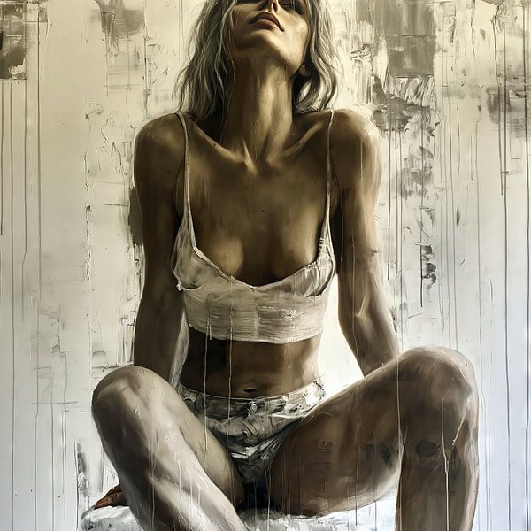 Sensuele vrouw in wit ondergoed in de studio van Frank Heinz
