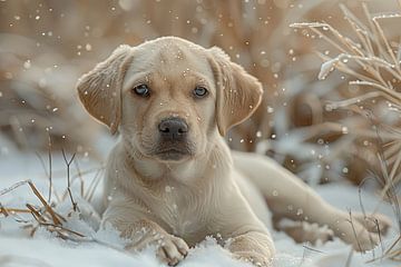 hond ligt buiten in de sneeuw