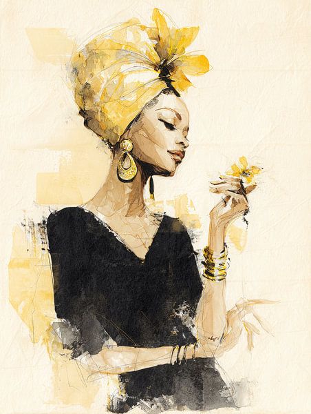 Elegante Afrikaanse vrouw in zwart en goud met bloem en sierlijke hoofddoek van But First Framing