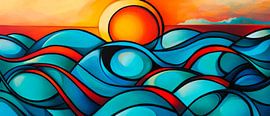 Des vagues colorées sous le soleil couchant sur Poster Art Shop