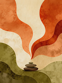 ZEN Balanced Stones – Organische abstrakte Wellen Terrakotta Olivgrün Erdiger Fluss