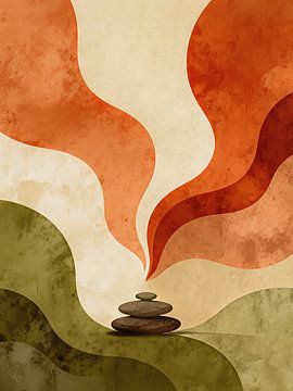 ZEN Balanced Stones – Organische abstrakte Wellen Terrakotta Olivgrün Erdiger Fluss von Minggu Galeri