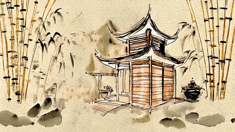Tinten-Aquarell: Orientalisches Teehaus mit Bambus im Sumi-e-Stil von Studio Pieternel