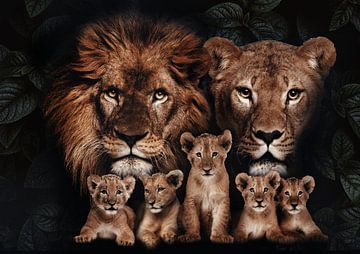 Löwenfamilie mit 5 Jungtieren von Bert Hooijer