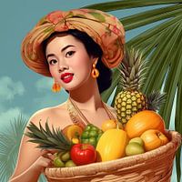 Asiatische junge Frau aus den 1940er Jahren mit Obstkorb