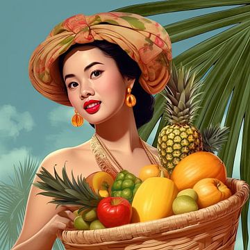 Aziatische jonge vrouw uit de 1940s met fruitmand van Marc van der Heijden • Kampuchea Art