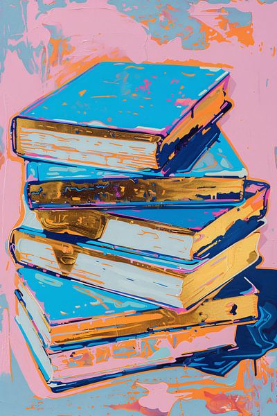 Colourful pop art painting of stack of books by Art & Soul Creations