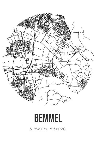 Bemmel (Gelderland) | Map | Black and White by Prints of Place