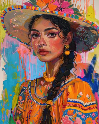 Señorita mit Blumenhut, buntes Porträt voller mexikanischer Energie