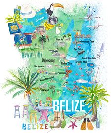Carte de voyage illustrée du Belize Caraïbes avec les routes et les sites touristiques.