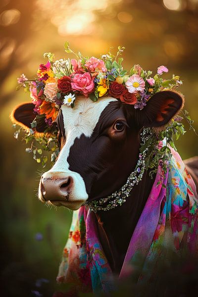 Cow with wreath of flowers in the sunlight by Poster Art Shop