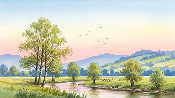 Watercolor Landscape with River, Meadow, and Hills by Markus Gann