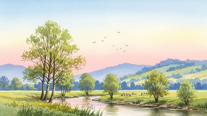 Aquarell-Landschaft mit Fluss, Wiese und Hügeln von Markus Gann