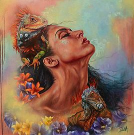 Vrouwenportret met Leguaan - spirituele kunst - spirituele symboliek van Deana Lassooy