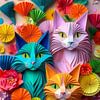 Kleurige katten tussen de bloemen van Patricia Hofmeester