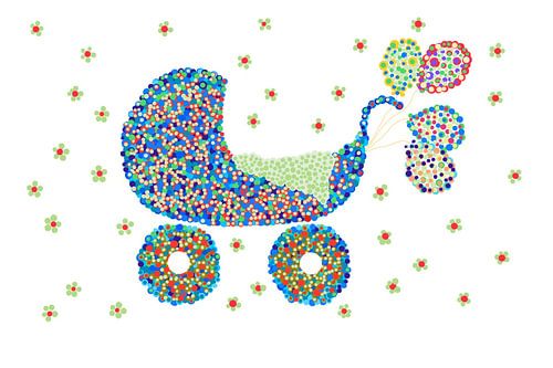 Art numérique dans le style pointillisme PORTEUR D'ENFANT AVEC BALLONS dans les couleurs bleu, vert rouge et jaune
