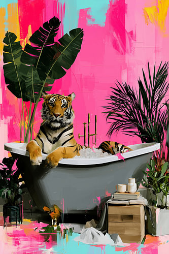 Tiger in Bathtub, Tropical Bathroom Pink