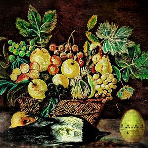 Stilleben mit Obstkorb, toter Elster und Eieruhr
