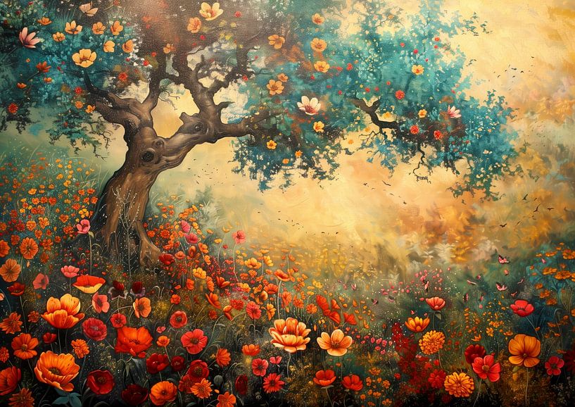 Flower carpet under winding oak tree by Dakota Wall Art