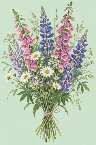 Boeket wilde bloemen op mintgroen – vingerhoedskruid