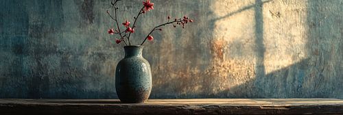 Still life Dark vase with minimalist blossom branch Panorama by Digitale Schilderijen